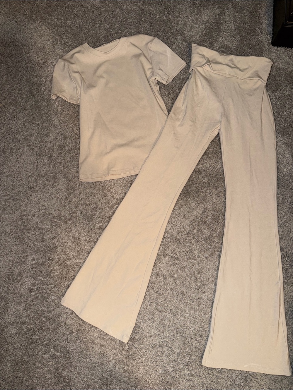 Amazon Cream High-Waist Flare Pants with Short Sleeve Top Set